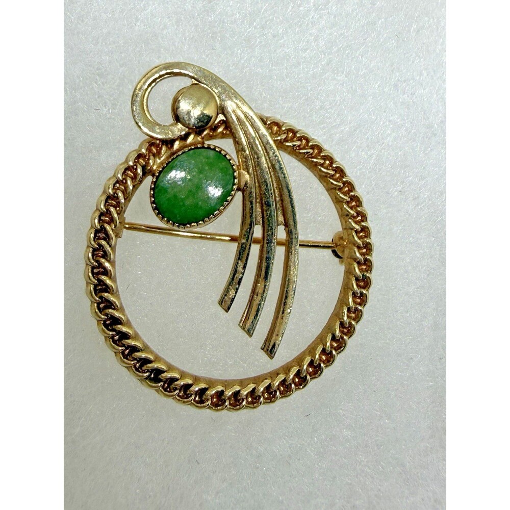 Vintage Catamore Wreath Brooch 1/20 12K Gold Filled Green Jade Cabochon Leaf